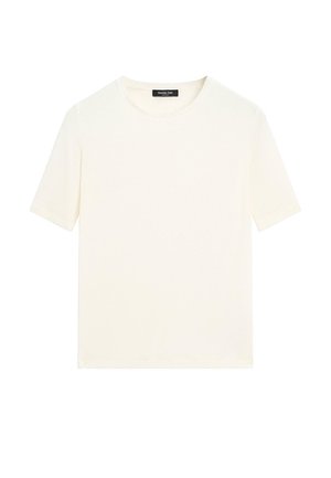 T-shirt blanc uni à manches courtes et col rond avec une étiquette noire au niveau du col, posé à plat sur un fond blanc.