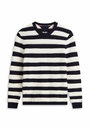 Langärmliger Strickpullover mit horizontalen schwarz-weißen Streifen und Rundhalsausschnitt, flach auf weißem Hintergrund liegend.