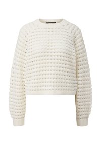 Pull blanc à manches longues en maille avec motif ajouré horizontal et poignets, ourlet et encolure ras-du-cou côtelés.