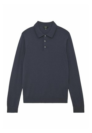 Marineblauw poloshirt met lange mouwen, een klassieke kraag, een drieknopsbies en geribbelde manchetten, gemaakt van een gladde, lichtgewicht stof.