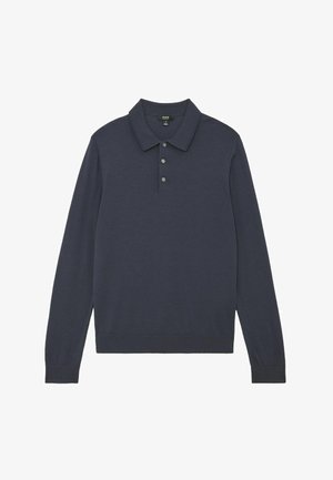Marineblauw poloshirt met lange mouwen, een klassieke kraag, een drieknopsbies en geribbelde manchetten, gemaakt van een gladde, lichtgewicht stof.