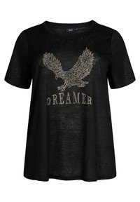 Černé tričko s krátkým rukávem vyrobené z měkké tkaniny, které má velký, lesklý design orla a slovo "DREAMER" pod ním ve st�říbrných kameních.