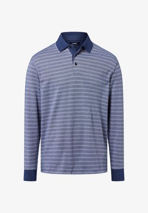 Długi rękaw polo w granatowym kolorze z białymi pasekami, z dwoma guzikami przy plastrze i kontrastującym granatowym kołnierzykiem oraz mankietami. Miękka tkanina bawełniano-poliestrowa.