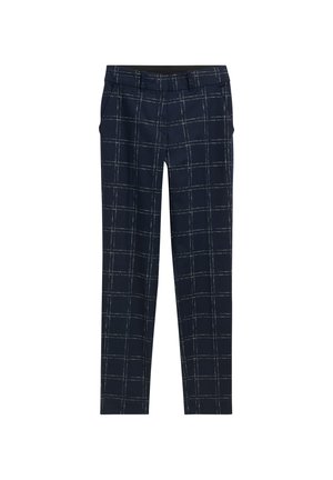 Marineblaue Slim-Fit-Hosen mit weißem Fensterrahmenkaromuster, Gürtelschlaufen und Seitentaschen, auf einem weißen Hintergrund flach ausgelegt.