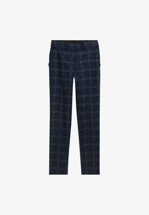 Navy blue slim-fit trousers with white windowpane check pattern, belt loops, and side pockets, laid flat on a white background.