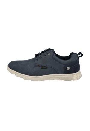 Deportiva casual azul marino con cordones, suela blanca, cuello acolchado, tira para tirar en el talón y etiqueta de la marca "Refresh" en el lateral.