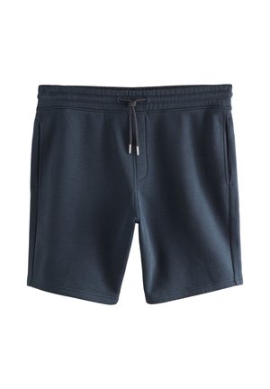 Shorts décontractés bleu marine avec taille élastique et cordon noir, poches latérales et coupe genou sur fond blanc.