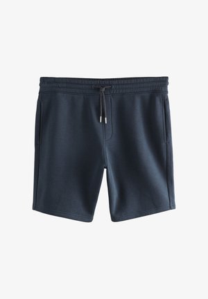 Shorts décontractés bleu marine avec taille élastique et cordon noir, poches latérales et coupe genou sur fond blanc.