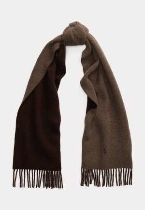 Brown wool scarf displaying a gradient from dark brown to lighter brown, featuring fringed edges and a knotted design at one end.