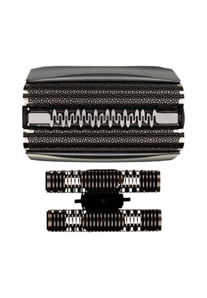 Two close-up attachments for electric shavers, featuring metal mesh foils and internal cutting blades on a white background.