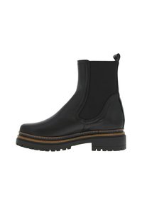 Bottines en cuir noir avec des panneaux latéraux élastiques, bout rond, semelle en caoutchouc texturée et couture contrastante le long de la semelle intermédiaire.