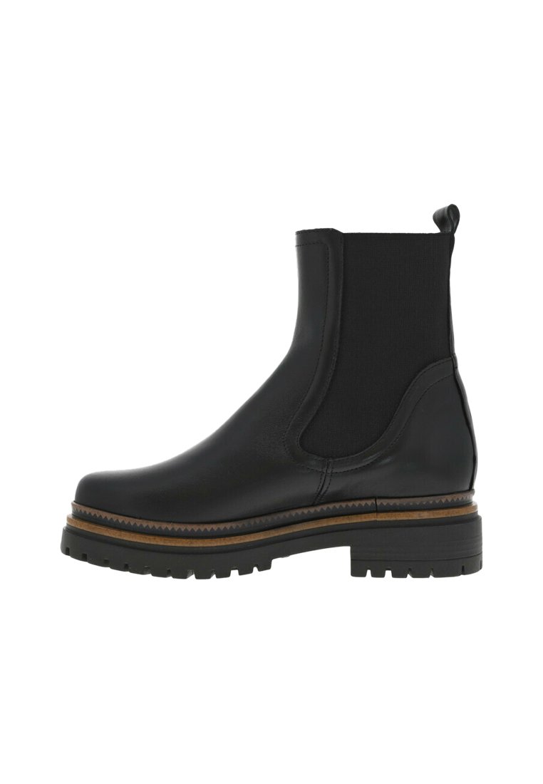 Bottines en cuir noir avec des panneaux latéraux élastiques, bout rond, semelle en caoutchouc texturée et couture contrastante le long de la semelle intermédiaire.