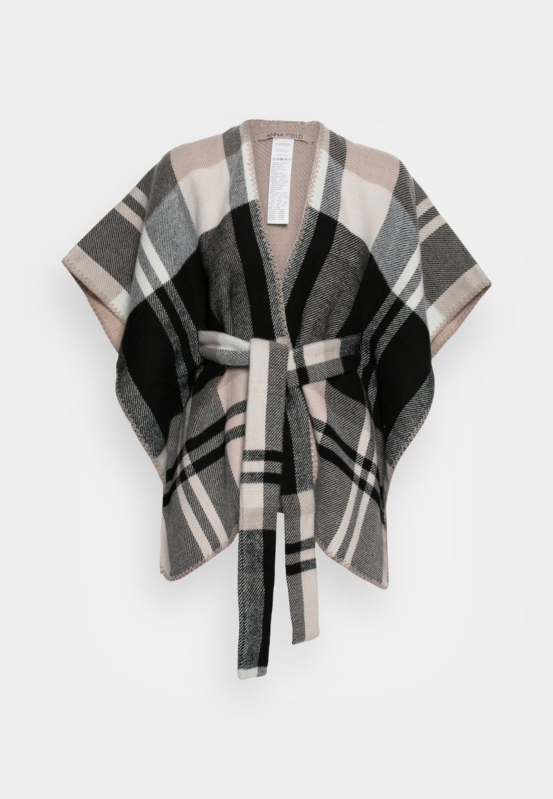 Poncho portefeuille à motif à carreaux avec manches larges et ceinture assortie en tons beige, noir et gris, présenté à plat sur un fond blanc.