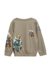 Brauner Sweatshirt mit Tierdruck von einem Astronautenfuchs und einem Astronautenwaschbär. Einfacher Rundhalsausschnitt, lange Ärmel und gerippte Bündchen am Saum.