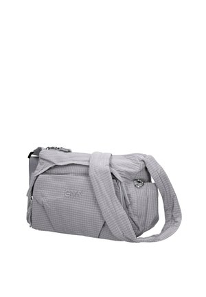 Sac bandoulière gris avec motif en quadrillage, poche avant zippée, sangle réglable et logo brodé "GMV" à l'avant.