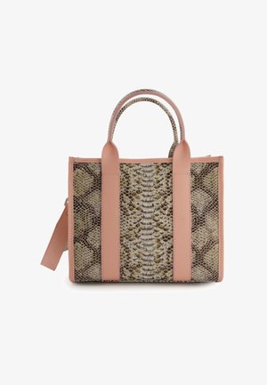 Handbag med pythonmønster og lyserøde læderdetaljer, rektangulær form, dobbelt top håndtag og aftagelig skulderrem.
