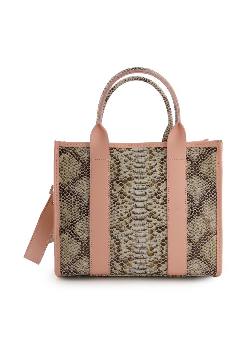 Handbag med pythonmønster og lyserøde læderdetaljer, rektangulær form, dobbelt top håndtag og aftagelig skulderrem.