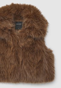 Braune Kunstpelzweste mit weicher Textur, hoher Kragen und offener Vorderseite. Das Etikett trägt die Aufschrift "CALLIOPE", Größe S. Keine Knöpfe oder Verschlüsse.
