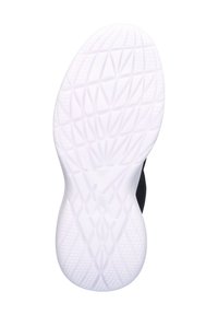 Suela de un zapato con una base de goma blanca que presenta un patrón de tracción geométrico, combinada con una parte superior negra.
