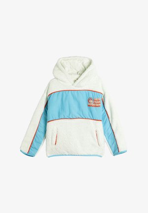 Witte fleece pullover hoodie met turquoise voorpaneel, oranje accenten, een kangoeroezak en geborduurd "SNOW PEAK MOUNTAIN" logo.