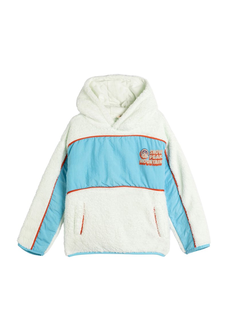 Biały polarowy hoodie z turkusowym przednim panelem, pomarańczowymi akcentami, kieszenią kangurzą oraz haftowanym logo "SNOW PEAK MOUNTAIN".