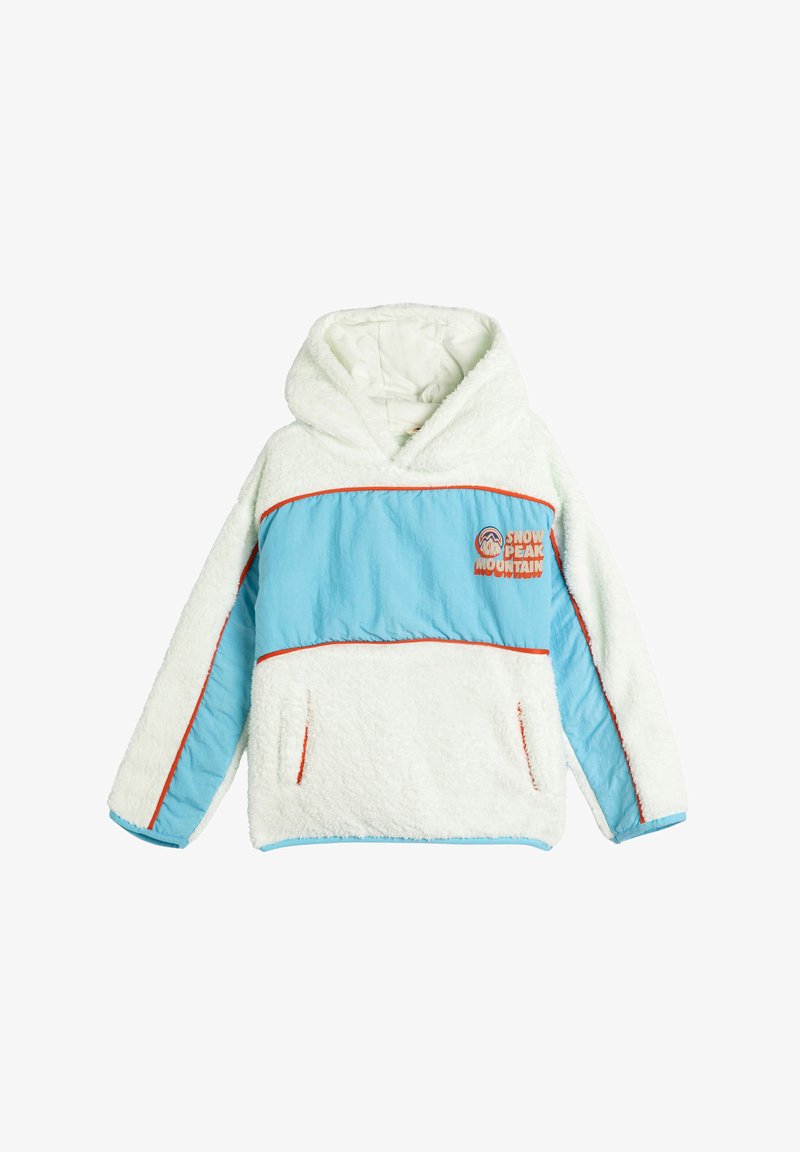 White fleece pullover hoodie with turquoise front panel, orange accents, kangaroo pocket, and embroidered "SNOW PEAK MOUNTAIN" logo.