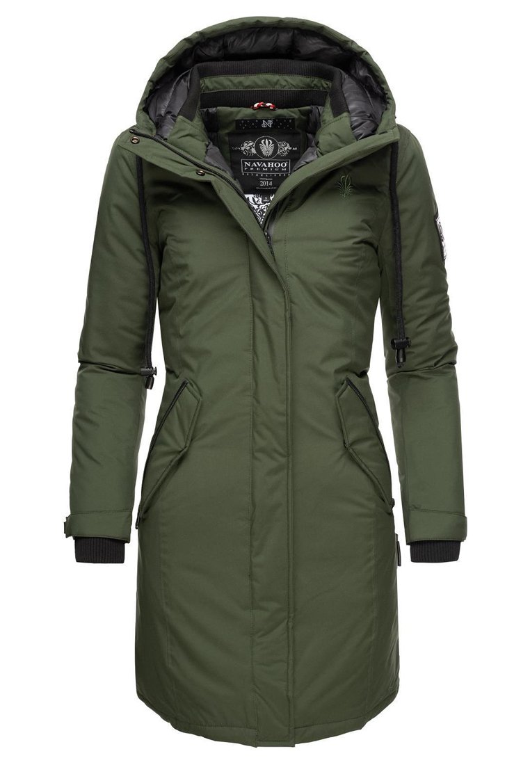 Green long parka coat with exterior pockets, adjustable drawstring hood, and ribbed cuffs. Smooth texture and insulated interior lining.