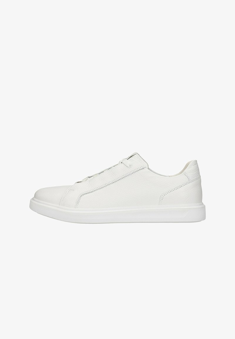 Low-top white leather sneaker with lace-up front, flat white sole, and stitched detailing along the sides and heel.