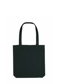 Melna iepirkumu soma, izgatavota no izturīga auduma, ar taisnstūra formu, divām izturīgām rokturiem un vienkāršu teksturētu virsmu.