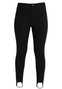 Black skinny jeans made from stretchy denim, featuring a high waist, front pockets, and cut-out details at the ankle hem.