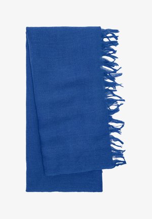 Niebieski prostokątny szalik wykonany z lekkiego materiału. Posiada frędzle na brzegach oraz miękką, teksturowaną powierzchnię.