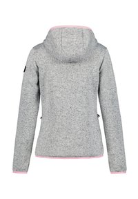 Graue Fleecejacke mit Kapuze, die pinke Akzente am Saum und an den cuffs aufweist. Enthält seitliche Taschen und einen strukturierten Stoff.