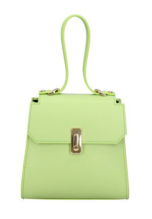 Kleine gestructureerde limoen groene handtas met bovenhandvat en gouden rechthoekige draaisluiting op de voorflap.