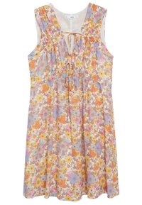 Robe fleurie avec un décolleté en V, sans manches et un détail froncé. Présente un tissu léger dans des couleurs pastel avec des fleurs en orange, jaune et bleu.