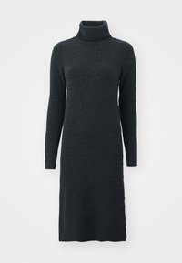 Dark gray turtleneck sweater dress in a soft knit material, featuring long sleeves and a fitted silhouette that falls to mid-calf.