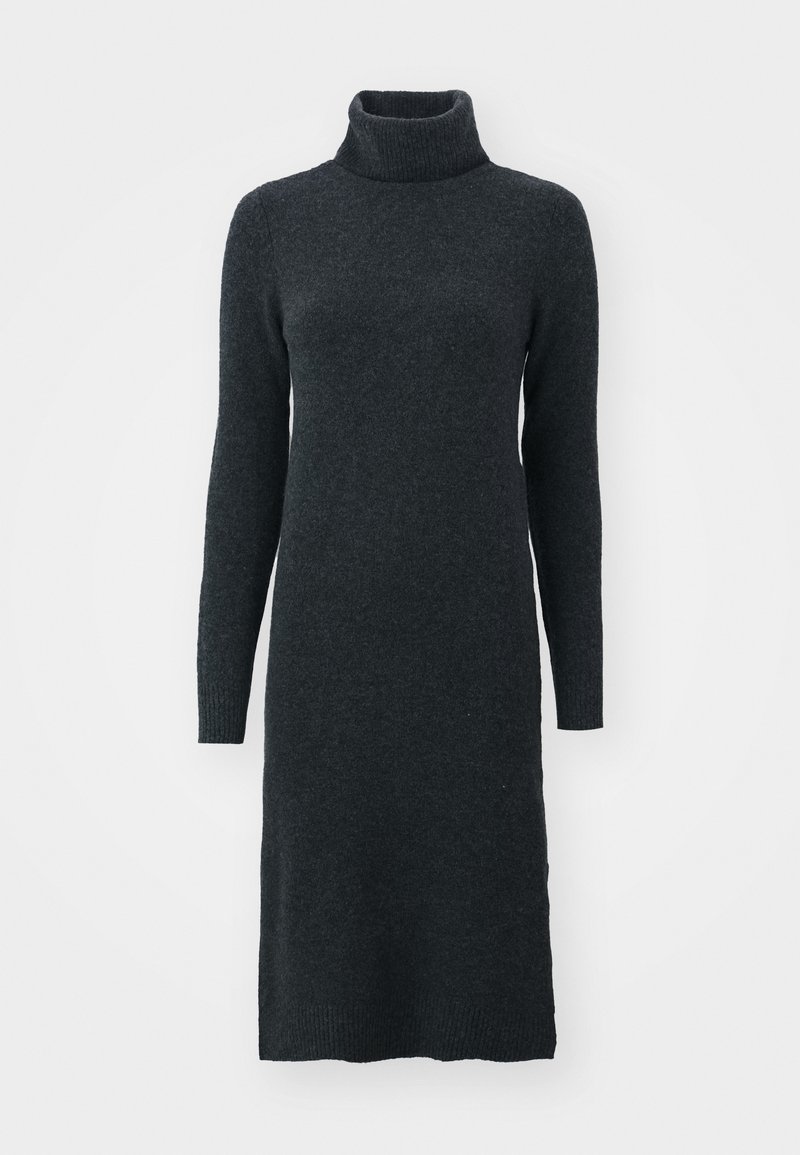 Dunkelgraues Rollkragenkleid aus einem weichen Strickmaterial, mit langen Ärmeln und einer figurbetonten Silhouette, die bis zur Mitte der Waden reicht.
