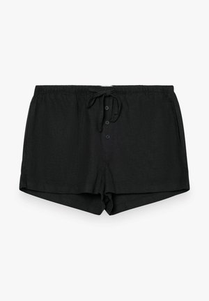 Shorts décontractés noirs avec ceinture élastique, cordon de serrage et fermeture à trois boutons sur le devant, posés à plat sur un fond blanc.