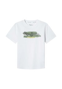 T-shirt en coton blanc avec un imprimé graphique multicolore arborant le texte "Pepe Jeans" et "London". Manches courtes et col rond.