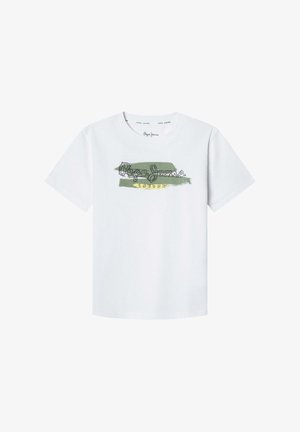 Camiseta de algodón blanca con un estampado gráfico multicolor que incluye el texto "Pepe Jeans" y "London". Mangas cortas y escote redondo.