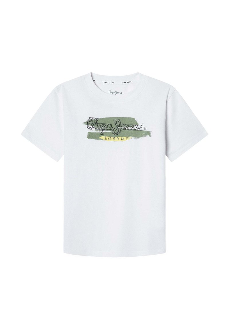 T-shirt en coton blanc avec un imprimé graphique multicolore arborant le texte "Pepe Jeans" et "London". Manches courtes et col rond.