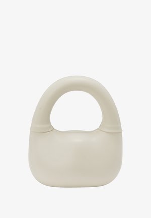 Crème-kleurige handtas met een afgeronde handgreep en een gladde textuur. Het minimalistische ontwerp heeft een zachte, gebogen vorm en geen zichtbare hardware.