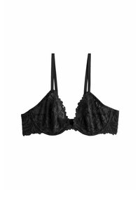 Sorte blonde bralette med en bølget halsudskæring, justerbare stropper og et blomstermønster, der giver et blødt, tekstureret udseende.