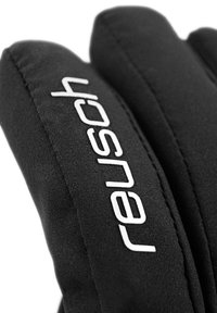 Black winter gloves with padded fabric, featuring white "Reusch" logo detail. Smooth texture with a tailored shape for hands.