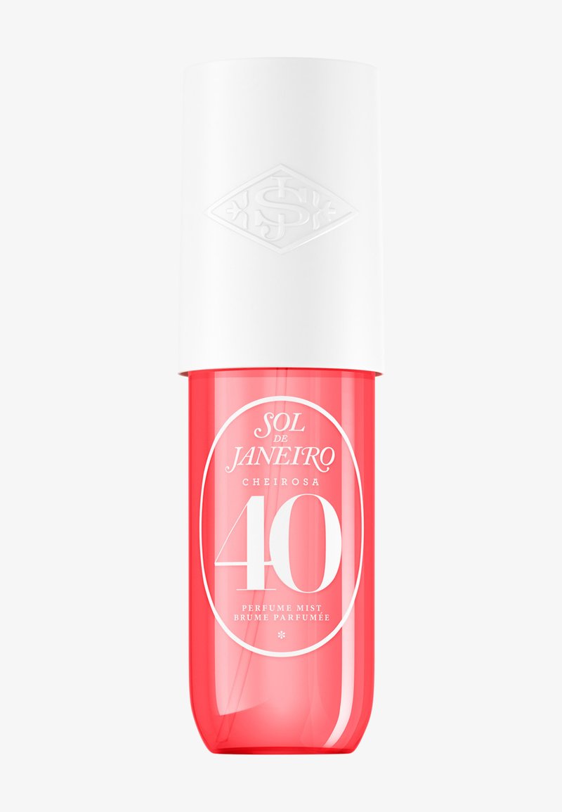 Red cylindrical bottle with white cap, labeled Sol de Janeiro Cheirosa 40 perfume mist.