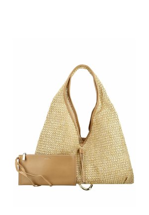 Bolso tote de paja tejida con ribete de cuero y monedero de muñeca de cuero marrón extraíble con cremallera y correa.