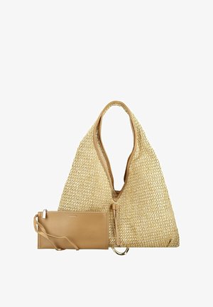 Bolso tote de paja tejida con ribete de cuero y monedero de muñeca de cuero marrón extraíble con cremallera y correa.