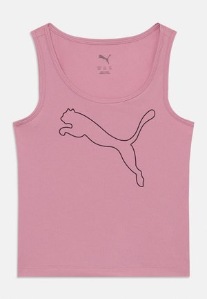 Roza top bez rukava s crnim logom Puma mačke koja skače preko prsa, okruglim vratom i prošivenim rubovima.