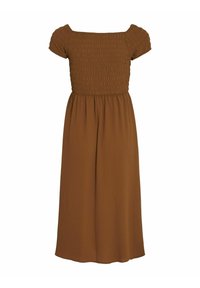 Rochie maro, de lungime medie, cu mâneci scurte tip puff și un corset plisat, confecționată dintr-un material ușor, având o fustă fluentă.