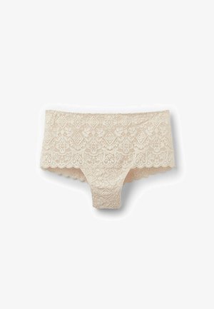Lace hipster ondergoed in lichtbeige met bloemen- en diamantenpatronen, gegolfde randen en een zachte textuur. Inclusief elastische tailleband.