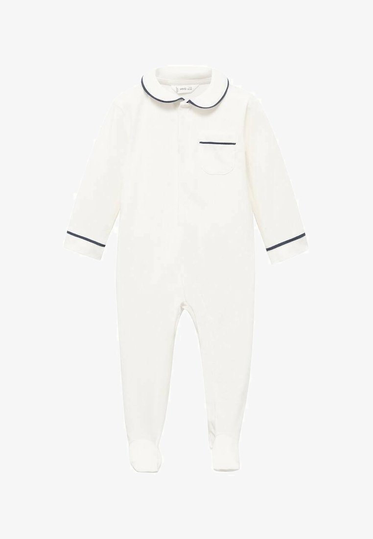 Ensemble pour bébé en une pièce blanc, avec des manches longues, un col arrondi, des accents de passepoil bleu marine et une petite poche poitrine. Design avec pieds pour plus de chaleur.